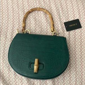 Green Faux Snake Skin with Bamboo Handle Handbag